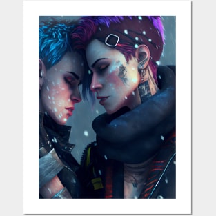 Futuristic Cyberpunk Lesbian Lovers Embrace in Emotional Portrait Posters and Art